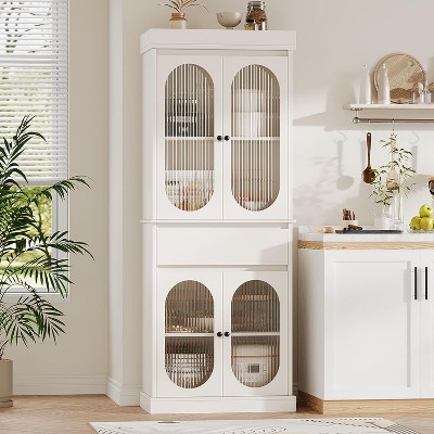 Garvee Elegant 70" White Tall Storage Cabinet with Oval Fluted Glass Doors ¨C Modern Kitchen Pantry with Adjustable Shelves & Drawer, White