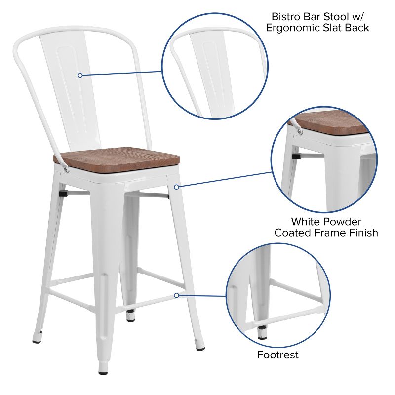 Emma and Oliver 24"H Metal Counter Height Stool with Back and Square Wood Seat, 4 of 13