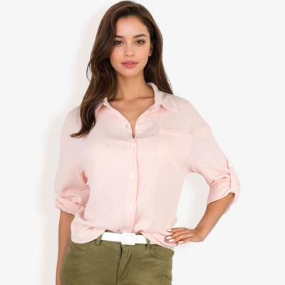 Anna-Kaci Women's Long Sleeve Button Down Crinkled Blouse With Chest Pocket