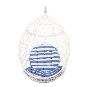 Christopher Knight Home Cayuse Wicker Outdoor Hanging Egg Chair White with White/Blue Cushion - 1 of 4