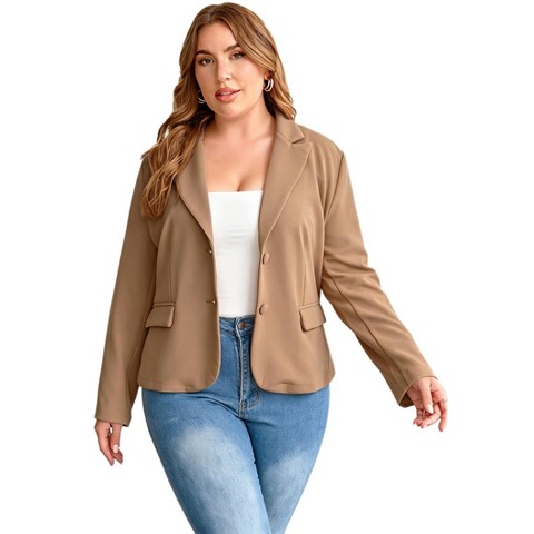 Женский пиджак YesFashion Plus Size Short Blazer with Pocket, Lapel Two Button Long Sleeve Casual Suit Jacket, Office Business Relaxed Outerwear Khaki 2X, цвет: Хаки