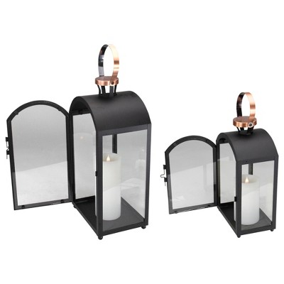 Set of 2 Black Metal Lanterns with Copper Handles