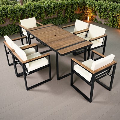 7-Piece Outdoor Patio Steel Dining Set with Umbrella Hole and 6 Cushioned Armchairs