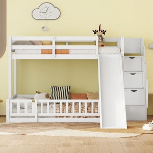NicBex Twin Over Full Bunk Bed with Slide and Storage Staircase,Loft Bed with Safety Guardrail for Bedroom,Gray/White - 1 of 4