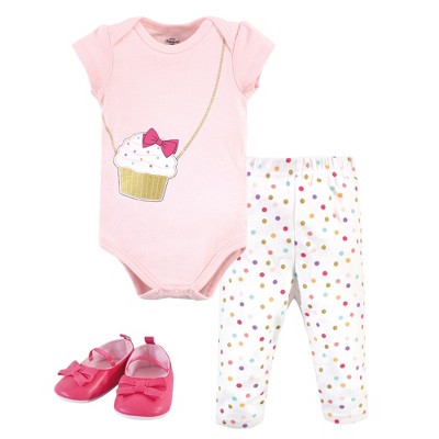 Image of Little Treasure Baby Girl Cotton Bodysuit, Pant and Shoe 3pc Set, Cupcake, 3-6 Months