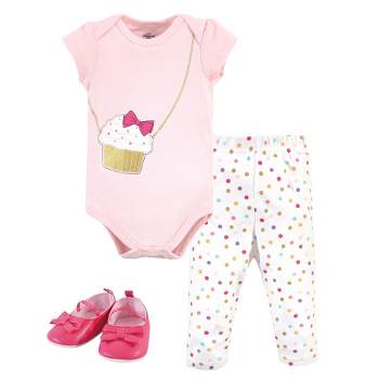 Little Treasure Baby Girl Cotton Bodysuit, Pant and Shoe 3pc Set, Cupcake