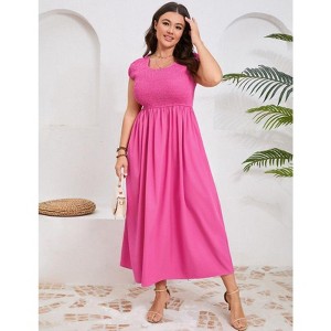 Coolmee Women Plus Size Casual Smocked Round Neck Short Sleeve Midi A-Line Flutter Dress With Pocket - 1 of 4