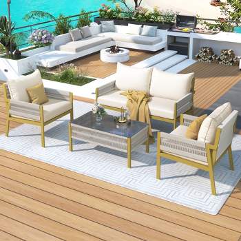 4-Piece Rope Patio Conversation Set, Outdoor Furniture with Tempered Glass Table 4M - ModernLuxe