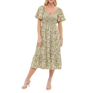 August Sky Women's Short Flounce Sleeves Floral Smocked Midi Dress - 1 of 4