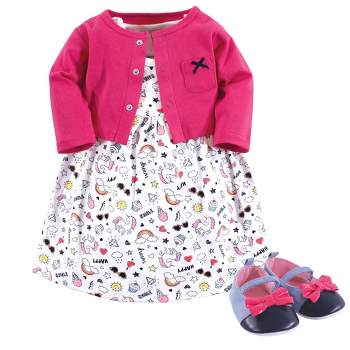 Little Treasure Baby Girl Cotton Dress, Cardigan and Shoe 3pc Set, Happy Rainbow