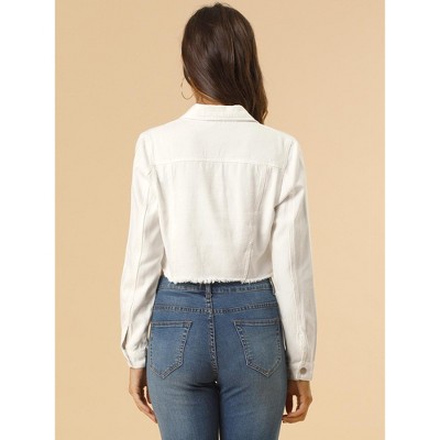 Женские куртки INSPIRE CHIC Women's Turn Down Frayed Button Down Washed Cropped Denim Jacket 2 Packs White/Black X Large — фото 4