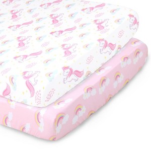 The Peanutshell Fitted Playard Sheets for Baby Girls' - Pink Unicorn and Rainbow - 2pk - 1 of 4