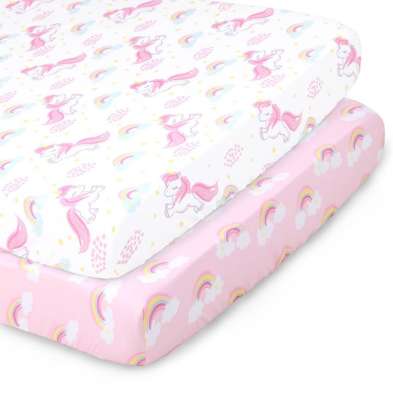 The Peanutshell Fitted Playard Sheets for Baby Girls&#39; - Pink Unicorn and Rainbow - 2pk, 1 of 7