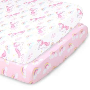 The Peanutshell Fitted Playard Sheets for Baby Girls' - Pink Unicorn and Rainbow - 2pk