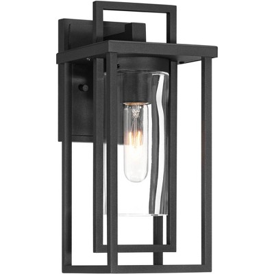 Possini Euro Design Raynor 13 1/2" High Modern Outdoor Wall Barn Light Fixture Mount Porch House Weatherproof Sand Black Aluminum Clear Glass Shade