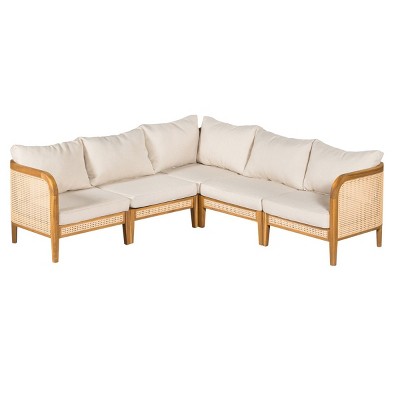 5-Piece Outdoor Sectional Sofas Set,V-Shaped Acacia Wood Patio Sectional with Cushions,Wicker Outdoor Sectional Sofa for Balcony-Coolbibila