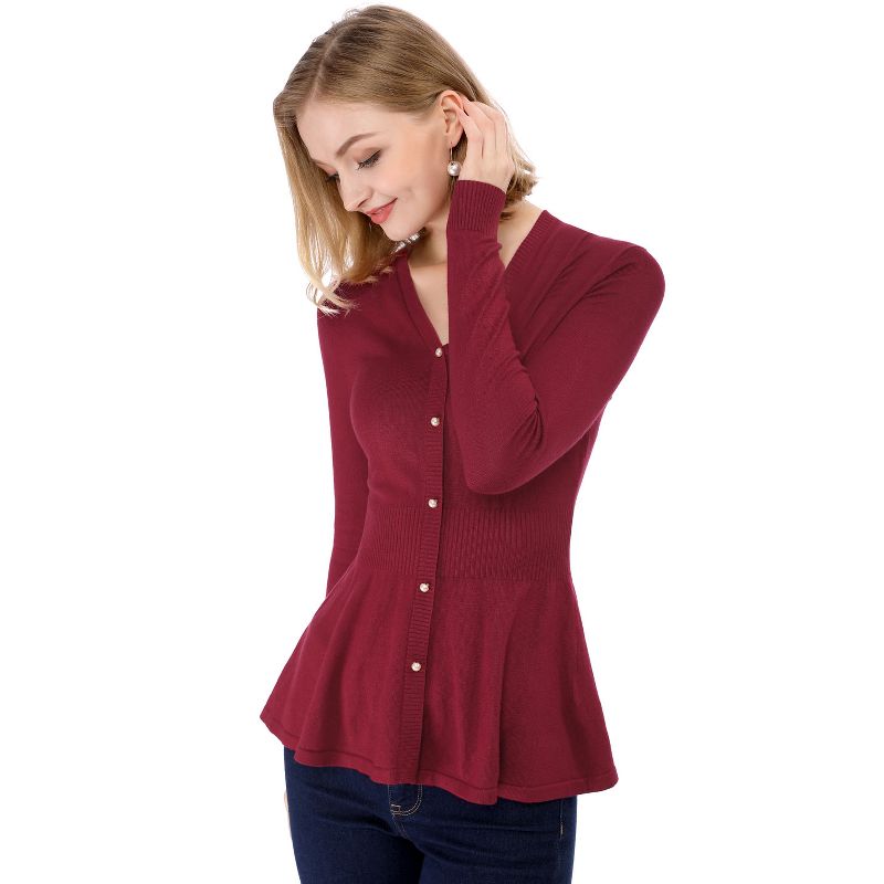 Allegra K Women's Slim Fit V-Neck Long Sleeve Ribbed Knitted Peplum Top, 3 of 8