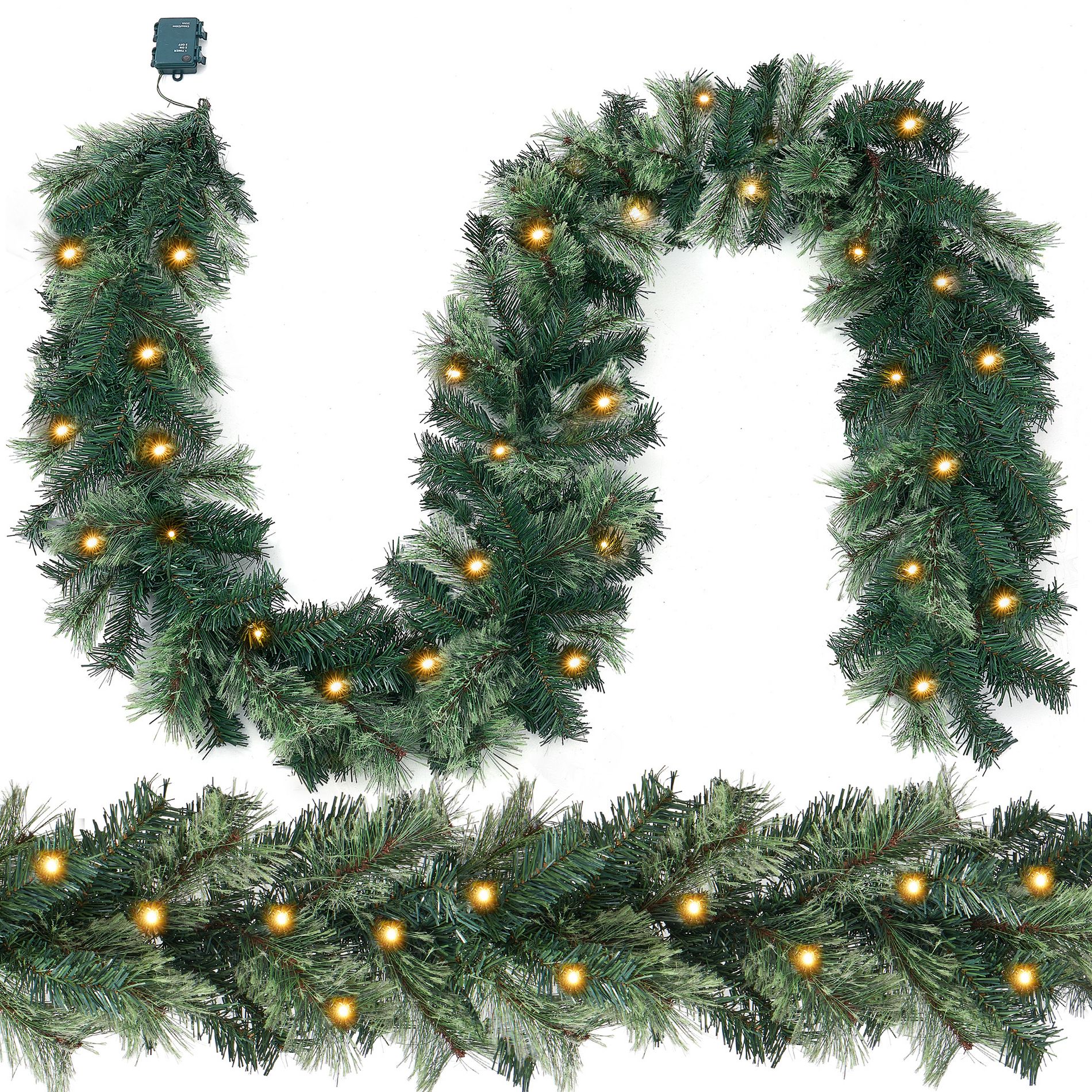 9FT Artificial Christmas Garland with LED String Lights Pine Needle Cypress Garland for Holiday Winter Indoor Outdoor Decor