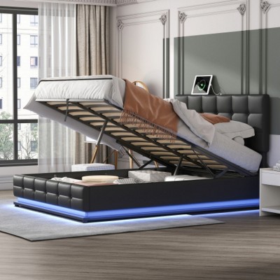 Upholstered Platform Bed with Storage, Modern PU Leather Bed with LED Lights, USB Charger, Space Saving & Storage -Maison Boucle