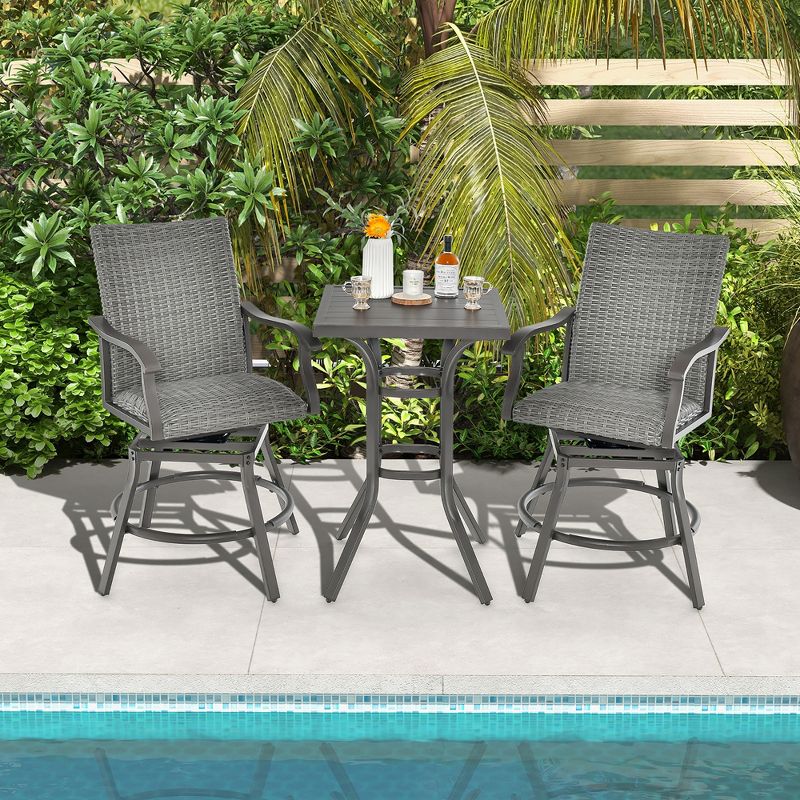 Costway 3PCS Patio Rattan Bar Table Stools Set Aluminum 360° Swivel Chairs with Padded Seat, 2 of 11
