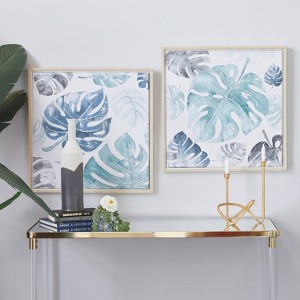Canvas Leaf Handmade Tropical Framed Wall Art with Brown Frame Set of 2 Blue - CosmoLiving by Cosmopolitan - 1 of 4