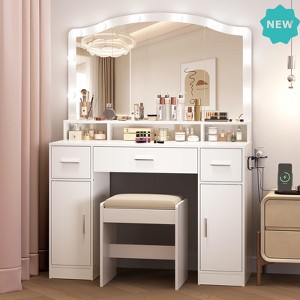 Jojoka Contemporary White LED Vanity Desk with Storage, Charging Station & Cushioned Stool – Dressing Table for Women & Girls - 1 of 4