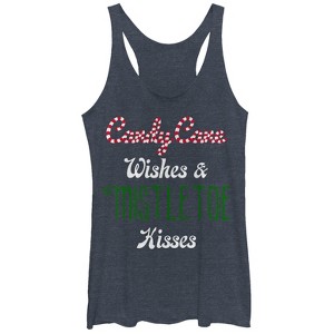Women's CHIN UP Christmas Candy Cane Mistletoe Kisses Racerback Tank Top - 1 of 3