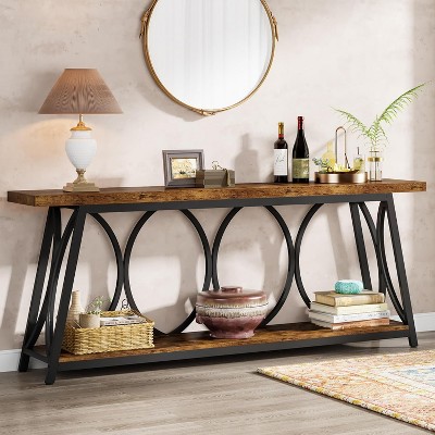 HDZNVF 70.9 in Extra Long Industrial Console Table, Narrow Sofa Table Behind Couch with 2-Tier Storage Shelves