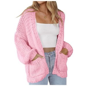 Coolmee Women's Open Front Chunky Knit Cardigan Loose Lantern Long Sleeve Oversized Sweater Coats with Pocket - 1 of 4