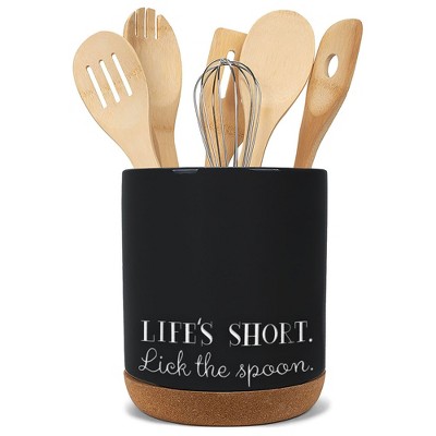 Elanze Designs Lick the Spoon Black X-Large Cork Bottom Kitchen Utensil Holder