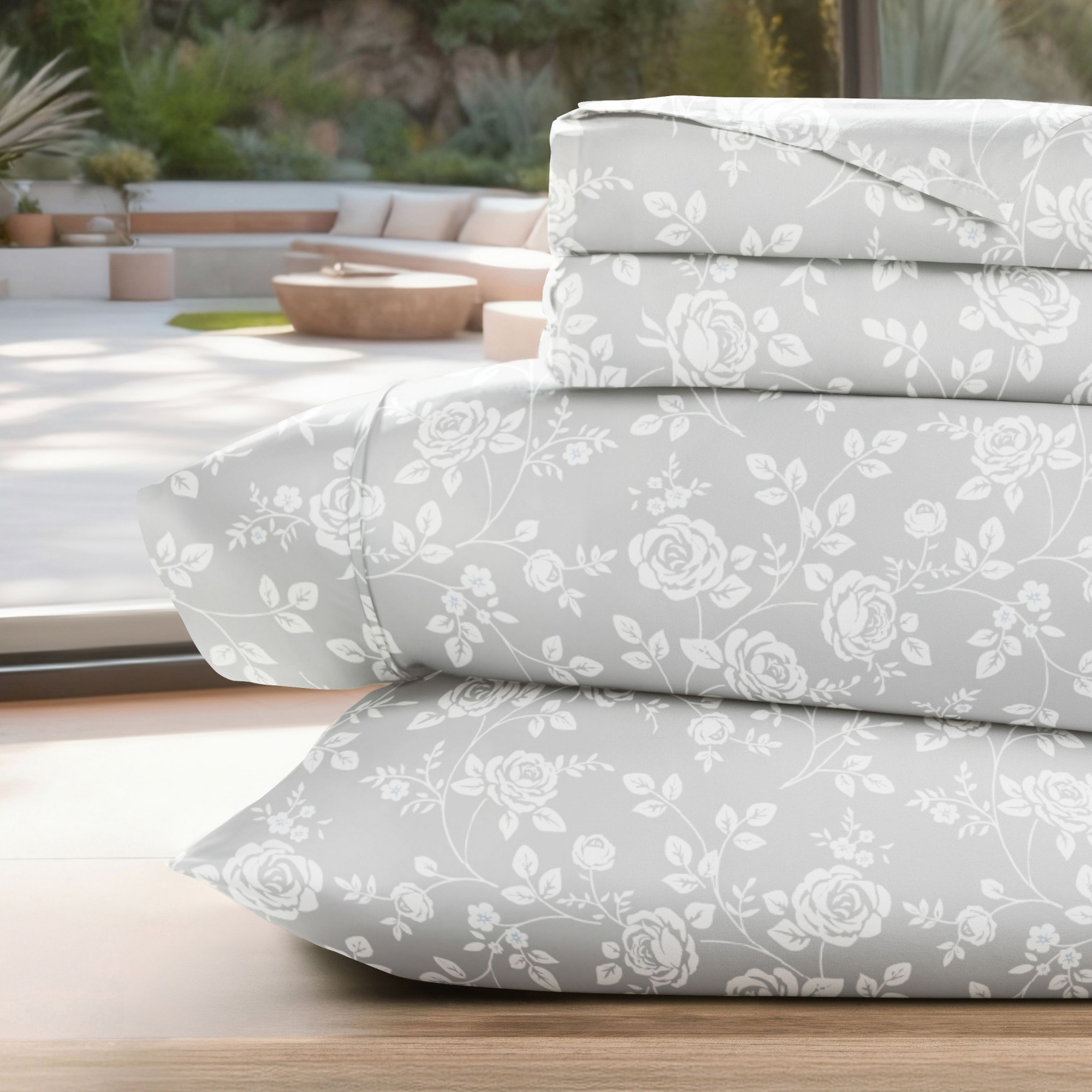 Floral & Paisley Patterns 4PC Sheet Set - Extra Soft - Becky Cameron, Rose Gray Light Gray, Queen