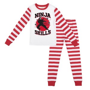 Ninja Skills Youth Boy's Red & White Striped Long Sleeve Shirt & Sleep Pants Set - 1 of 4
