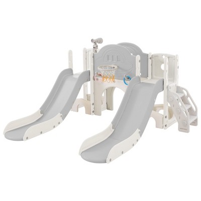 VYNXARIA 7-in-1 Gray Spaceship Play Set for Kids: Double Slide, Arch Tunnel, Ring Toss, Basketball Hoop, Climbing Area