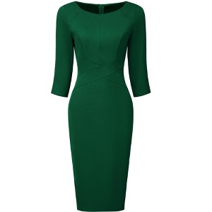 Hobemty Women's Work Zipper Neck Cross Waist-Lined 3/4 Sleeve Midi Pencil Dresses - 1 of 4