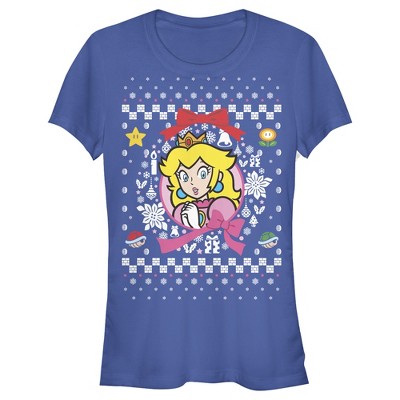 Juniors Womens Nintendo Ugly Christmas Peach Wreath T-Shirt
