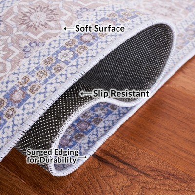 Blue and Rust 6' x 6' Square Washable Synthetic Area Rug