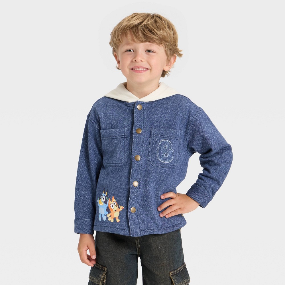 Toddler Boys' Bluey Knit Denim Button-Up Hoodie Jacket - Blue 3T