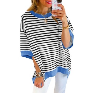 Imily Bela Womens Summer Oversized Striped Cotton T Shirts Casual Half Sleeve Color Block Loose Crewneck Sweatshirts - 1 of 4