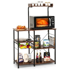 Costway 4-Tier Vintage Kitchen Baker's Rack Utility Microwave Stand w/ Basket & 5 Hooks - 1 of 4