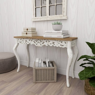Elegant Farmhouse 46" White and Brown Wood Carved Console Table