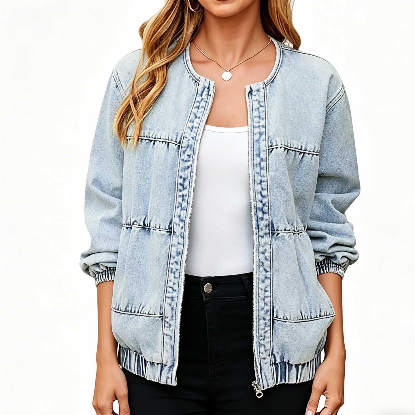 Женская куртка YesFashion Casual Round Neck Denim Jacket, Zip Up Loose Fit Bomber Outerwear Coat Light blue, цвет: Джинсовый — фото 4
