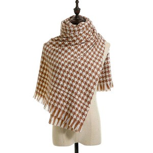 Anna-Kaci Women's Houndstooth Scarf with Soft Cozy Fabric Classic Black and White Check and Fringe Trim - 1 of 4