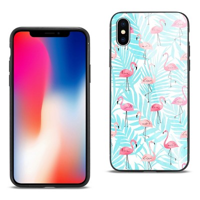 Reiko iPhone X/XS Hard Glass Design TPU Case with Flamingo Design in Pink