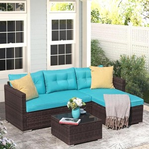 SUGOLD Outdoor Wicker Sectional Furniture Set, 3 Piece Patio Furniture with Tempered Glass Coffee Table, Turquoise - 1 of 1