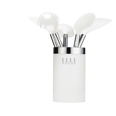 ELLE DECOR 6-Piece Nylon Silicone Kitchen Utensil Set with Holder Marbled Handles Professional Quality Includes Utensils and Holder