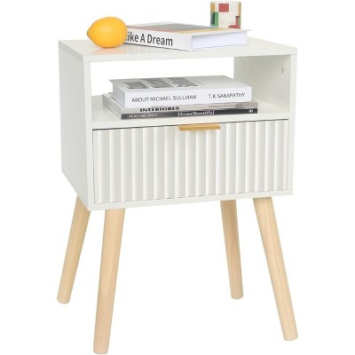 Mid Cetury Modern Nightstand with Charging Station, Fluted Bedside Table with Storage