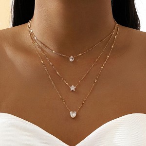HTUTWOO 3 Tier Boho Necklaces, Dainty Rhinestones Star Layered Choker Necklaces Fashion Love Pendant, Adjustable Layering Necklaces for Women - 1 of 4