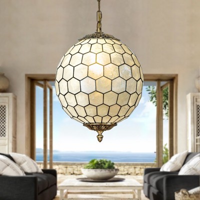 ALOADECOR 1-Light 12'' Antique Brass French Vintage Cosatal Glam Chandelier With Natural CAPIZ SHELL Globe Hanging Light For Living Room
