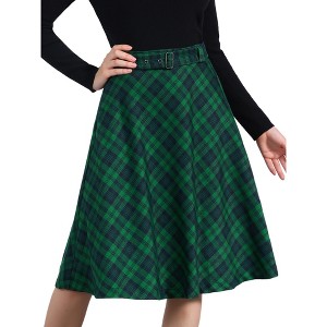 INSPIRE CHIC Women's Tartan Plaid High Waist Belted Vintage A-Line Midi Skirt - 1 of 4