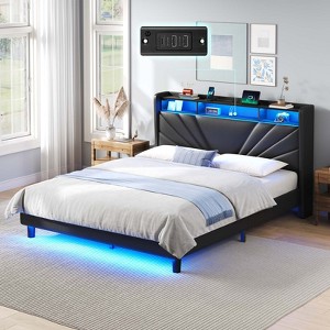 Greenstell  Modern Platform Bed Frame with LED Lights & Charging Station, Upholstered Storage Headboard with Shelves, Heavy-Duty Steel Slats - 1 of 4